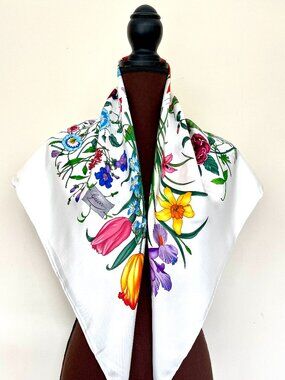 Display #4 New Gucci Flora Print Multicolor Silk Scarf
